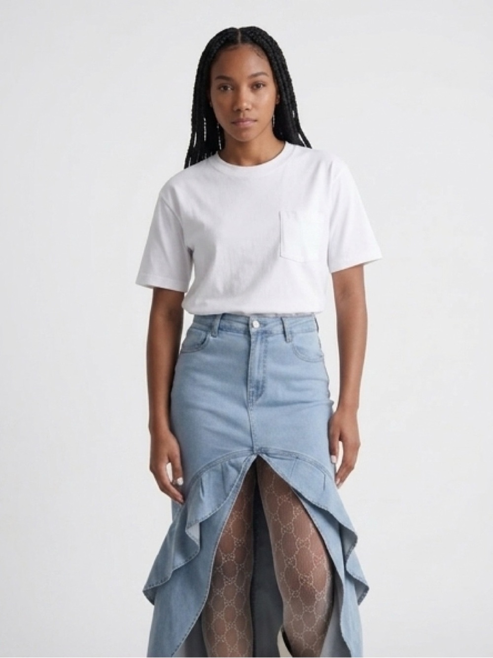 Light Blue Denim Ruffle-Front Maxi Skirt - Picture 4 of 7